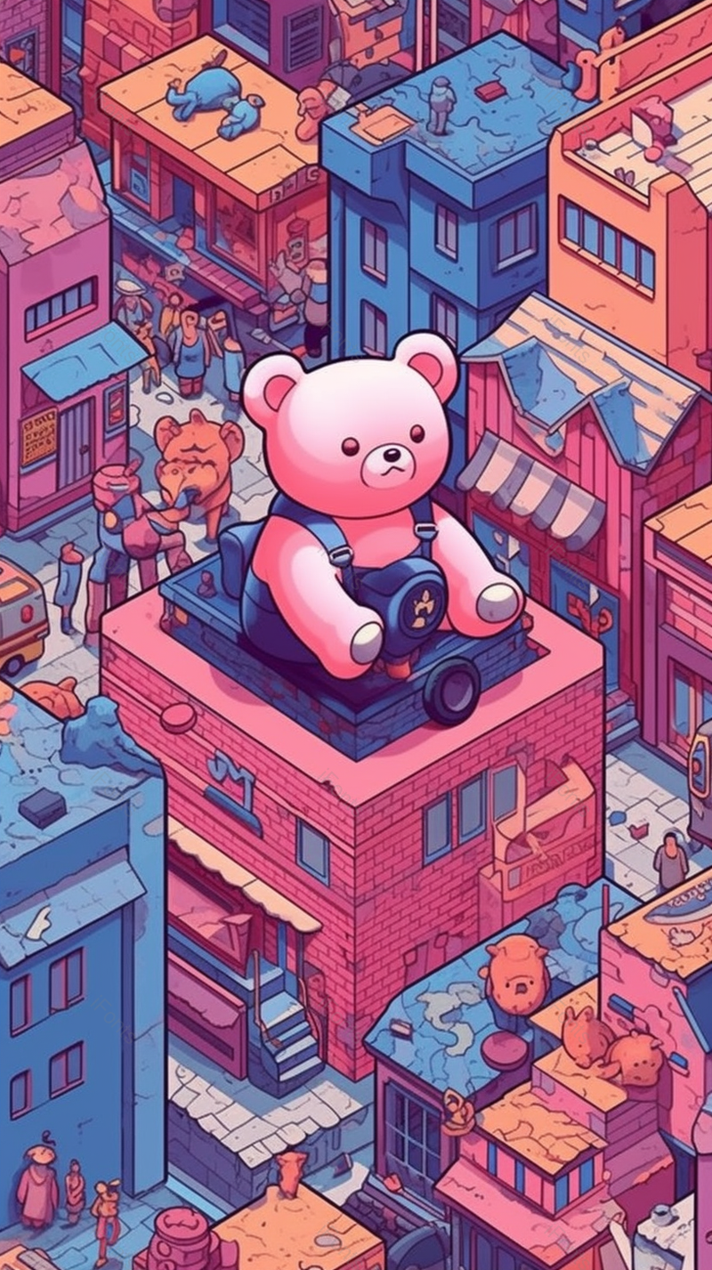 穿牛仔玩具小熊楼房房屋城市六一儿童节背景粉色插画,插画/手绘图,插画/手绘图库,插画/手绘图下载,插画/手绘